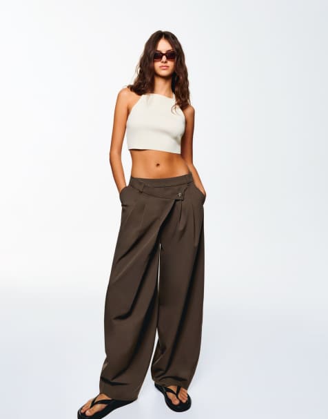Bershka tailored fit trousers with crossover waist in beig