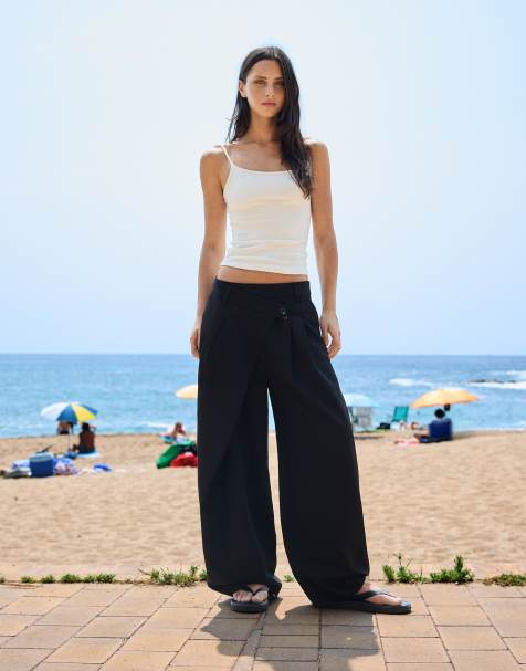 Bershka tailored fit trousers with crossover waist in black