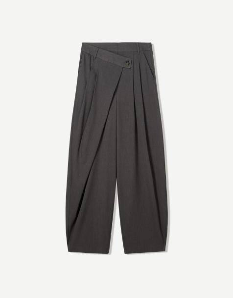 Bershka tailored fit trousers with crossover waist in grey