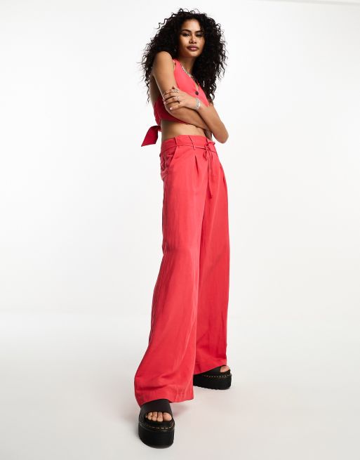 ZARA WOMEN HIGH WAISTED PANTS WITH FABRIC-COVERED BELT NEW RED