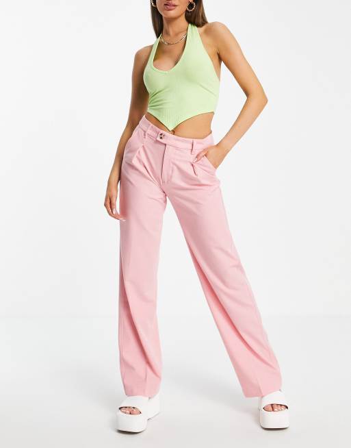 Bershka tailored straight leg linen pants in pink