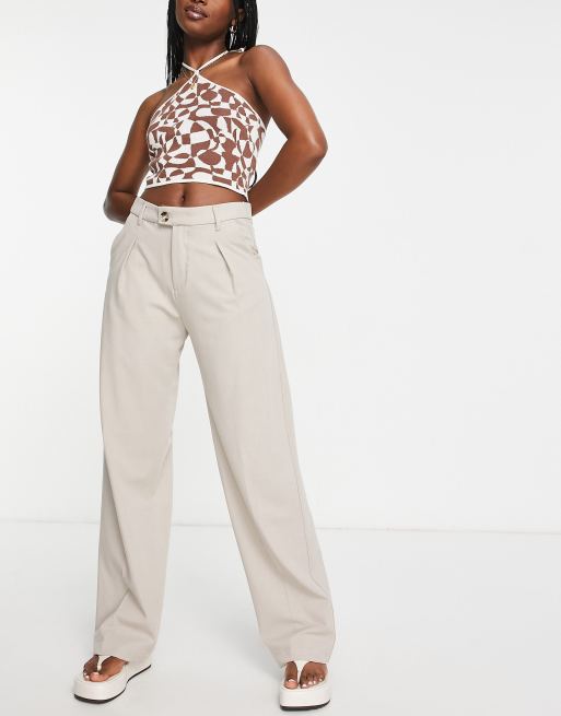 Bershka tailored straight leg linen pants in sand