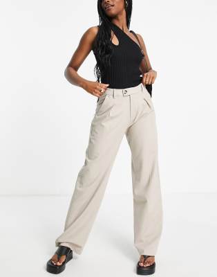 Bershka Tailored Straight Leg Linen Pants In Sandneutral ModeSens