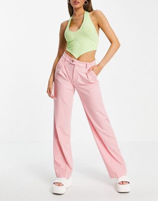 Bershka tailored straight leg linen trouser in pink