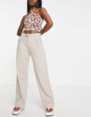 Bershka tailored straight leg linen trouser in sand