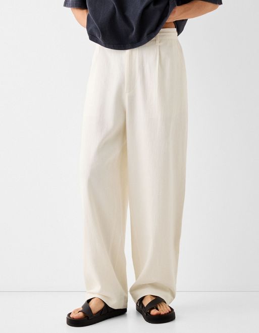 Bershka tailored wide leg linen trouser in white