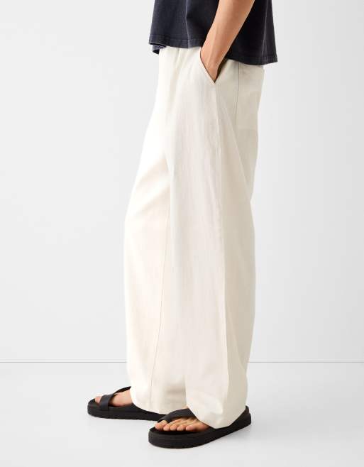 Bershka tailored wide leg linen trouser in white ASOS