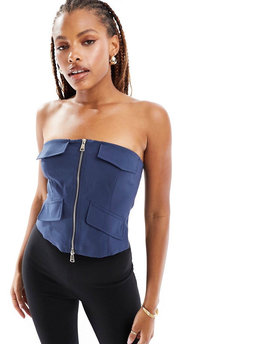 tailored zip front bandeau in deep blue