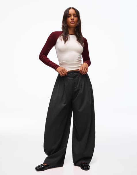 Bershka Tall ballon-fit plisserede bukser med knapper i sort og hvid - view 1