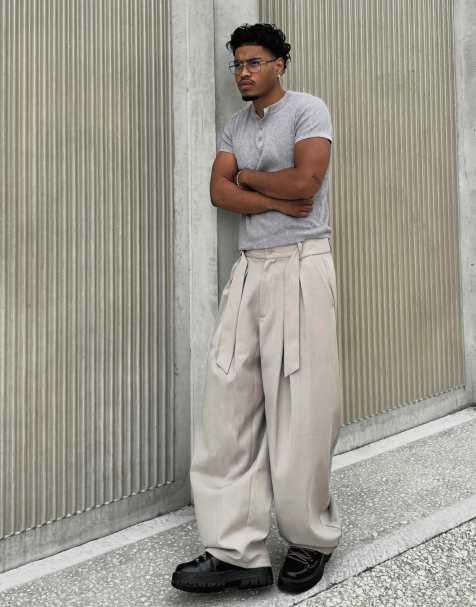 Bershka Tall barrel-leg trousers with darts and belt in beige