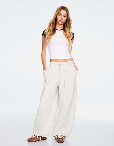 Bershka Tall barrel plush trousers with stoppers in light grey - view 1