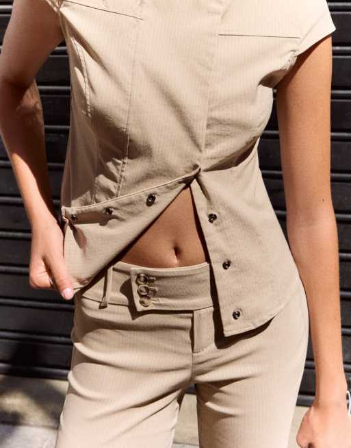 Bershka Tall bengaline flared trousers in ecru, 4 of 5