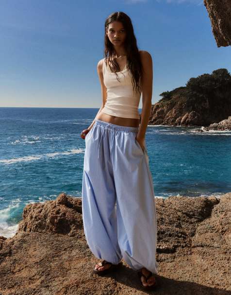 Bershka Tall - Bloomer broek van popeline in denim blauw - view 1