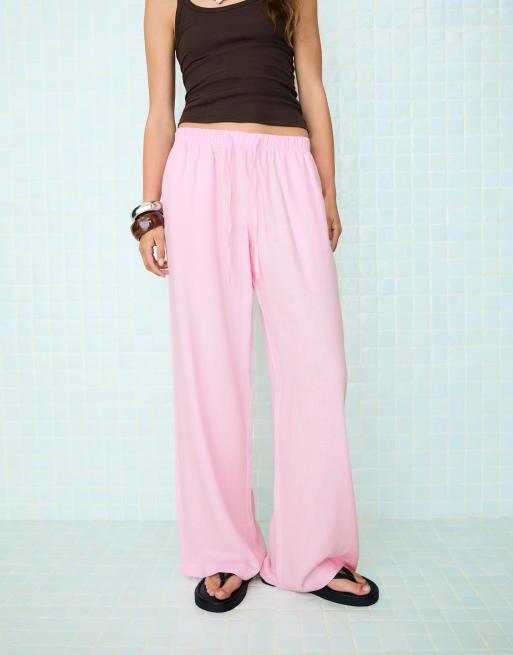 Bershka Tall - Broek van linnenmix met elastische tailleband in roze, 2 van 4