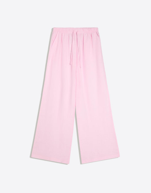 Bershka Tall - Broek van linnenmix met elastische tailleband in roze, 3 van 4