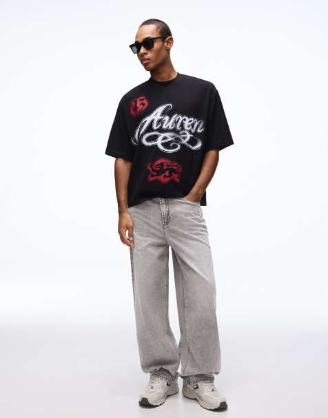 Bershka Tall embroidered super baggy jeans in light grey - view 1