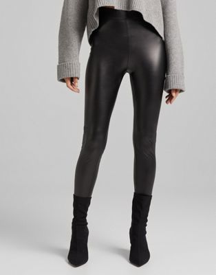 Bershka Tall faux leather legging in black