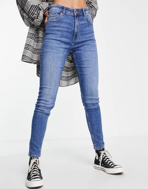 Bershka high waist ankle length skinny jean in mid blue