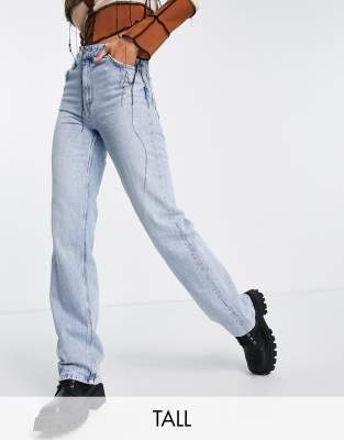 Bershka Tall high waisted dad jean in bleached wash-Blues