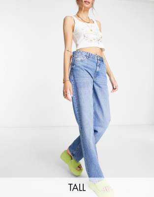 Bershka Tall high waisted dad jeans in medium stone-Blue