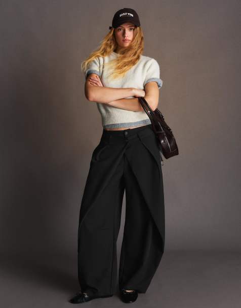 Bershka Tall – Svarta byxor med veck och barrelben - view 1