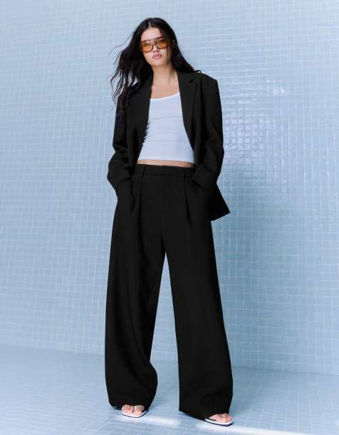 Bershka Tall voluminous trousers with double fabric in black