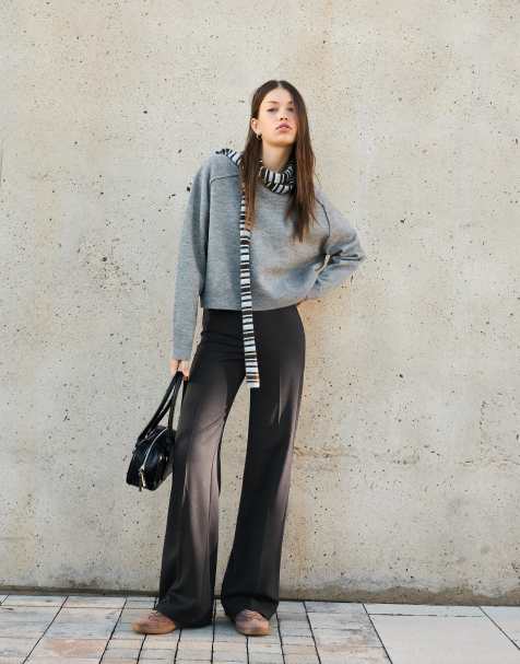 Bershka Tall wide-leg trousers in grey&black - view 1