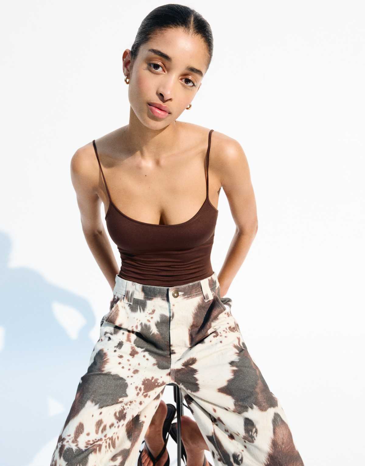Bershka tank bodysuit in brown