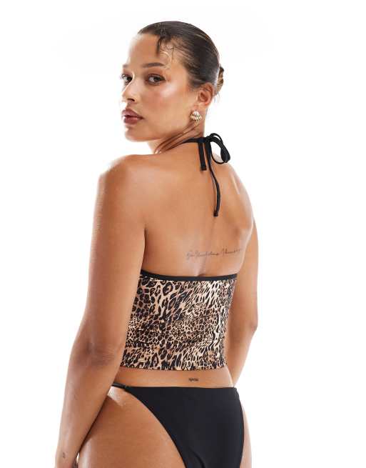 Bershka - Tankini-top med kontrasterende kantbånd og leopardprint - Del af sæt, 2 af 4