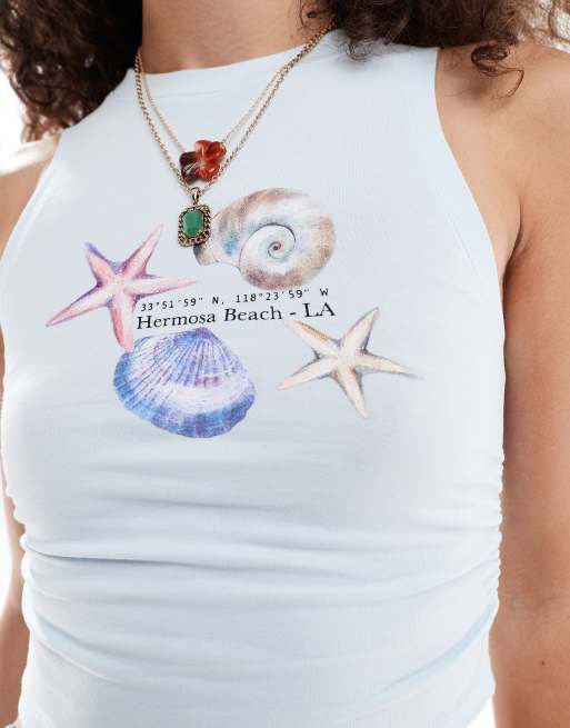 Bershka - Tanktop met print van schelpen in babyblauw, 4 van 4