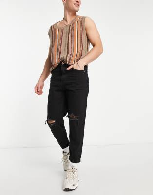 Bershka tapered jeans with rips in black