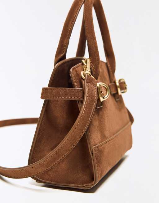 Bershka – Tasche aus Wildlederimitat in Braun mit Schnallen, 2 von 3