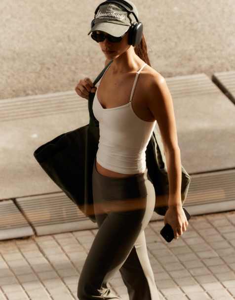 Bershka Technical flared trousers with turn-down waist in gree