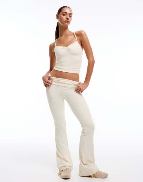 Bershka Technical flared trousers with turn-down waist in white - view 1