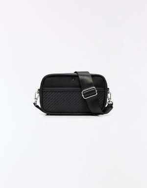 Bershka Technical monogram crossbody bag in black