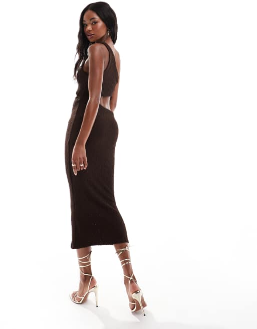 Bershka - Tekstureret oneshoulder-maxikjole med udskæringer i chokoladebrun, 4 af 4