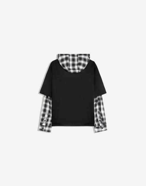 Bershka ternet skjorte med dobbelte ærmer og hætte i sort, 6 af 6