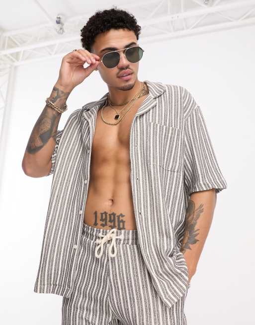 Bershka texture stripe shirt in grey (Part of a set)