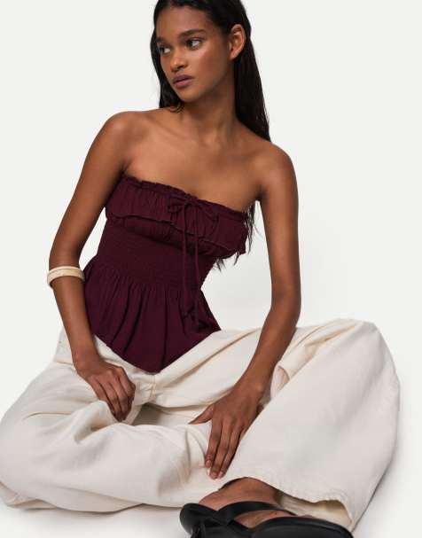 Bershka textured bandeau top with ruffle in violet - view 1