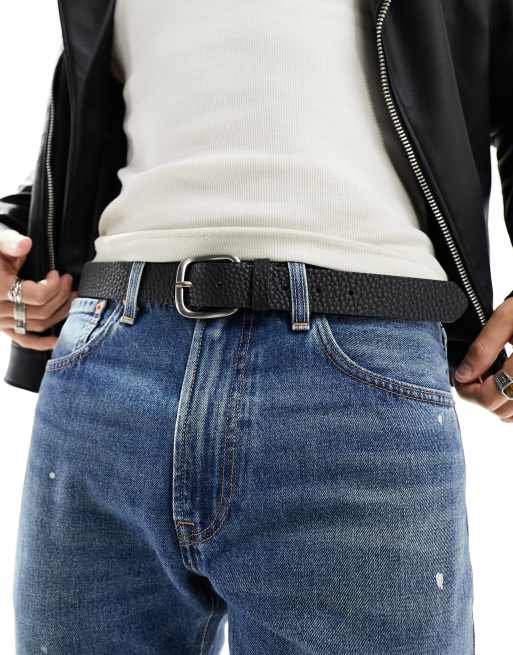 Bershka textured belt with silver metal in black 