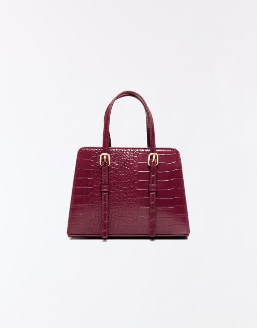Bershka Textured box bag with buckles in burgundy, 4 of 5