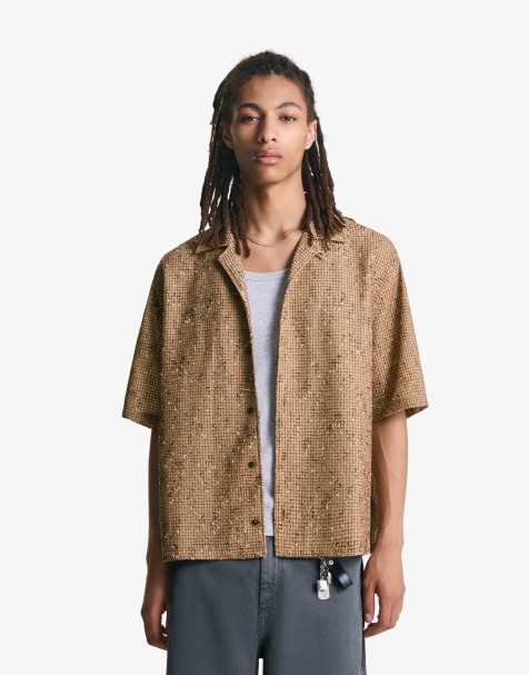 Bershka Textured boxy fit short sleeve shirt in brown