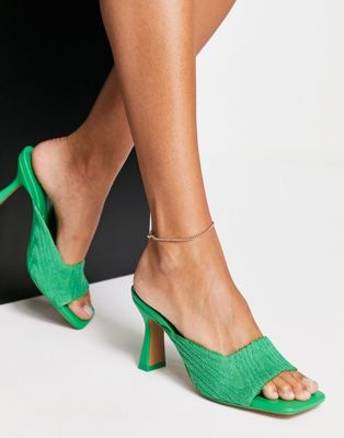 Bershka textured detail square toe heeled sandal in bright green
