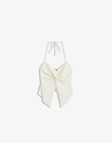 Bershka Textured halter top with knot in white