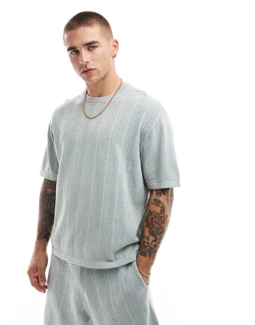 Bershka textured herringbone co-ord t-shirt in blue