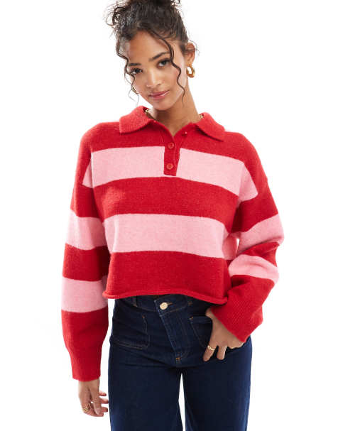 Bershka textured knitted polo sweater in red and pink stripe - view 1