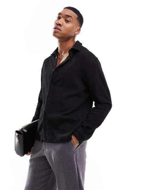 Bershka textured long sleeve shirt in black