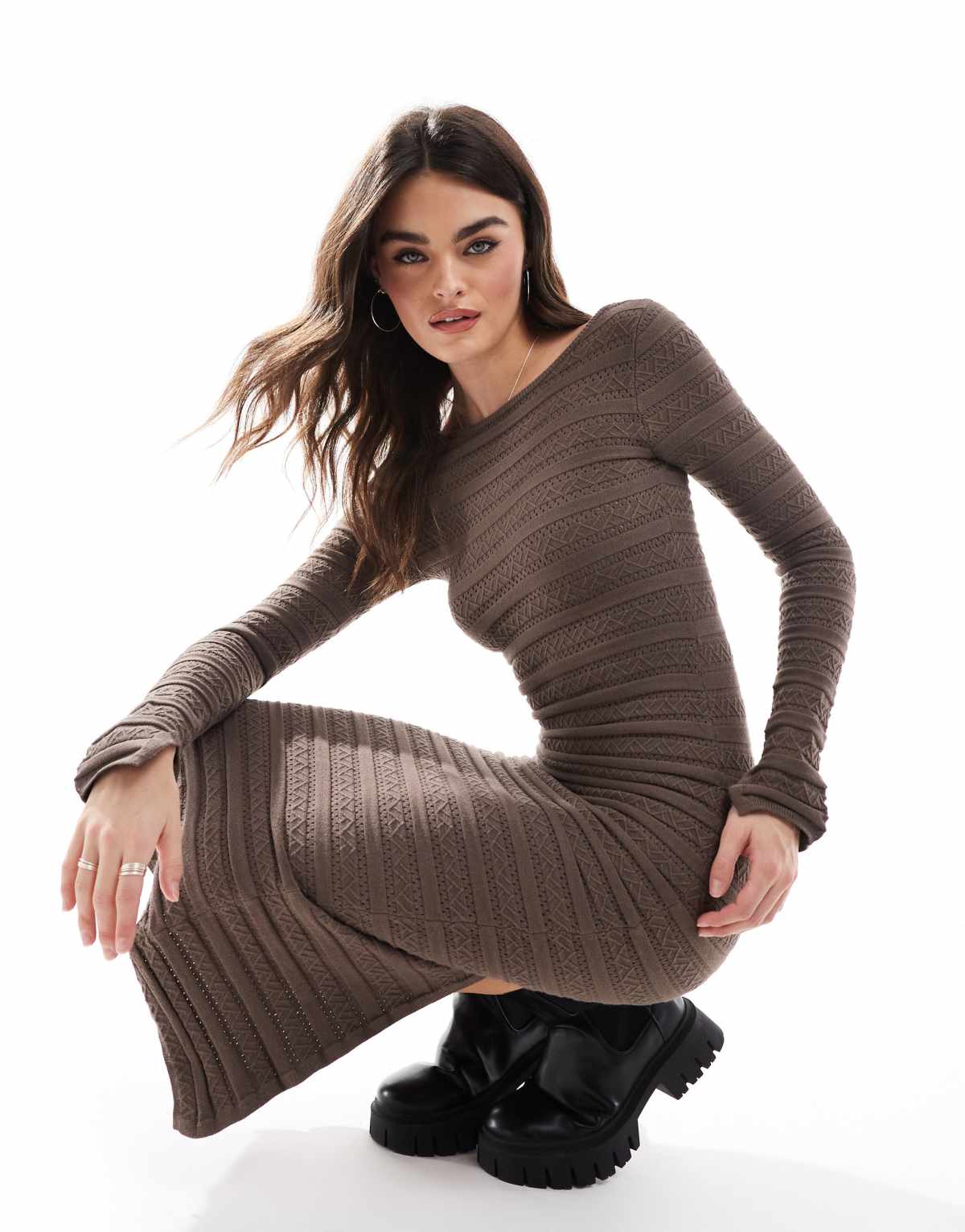 Bershka textured midi dress in brown