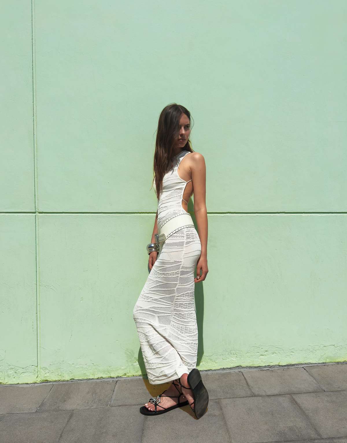 Bershka textured midi dress in white