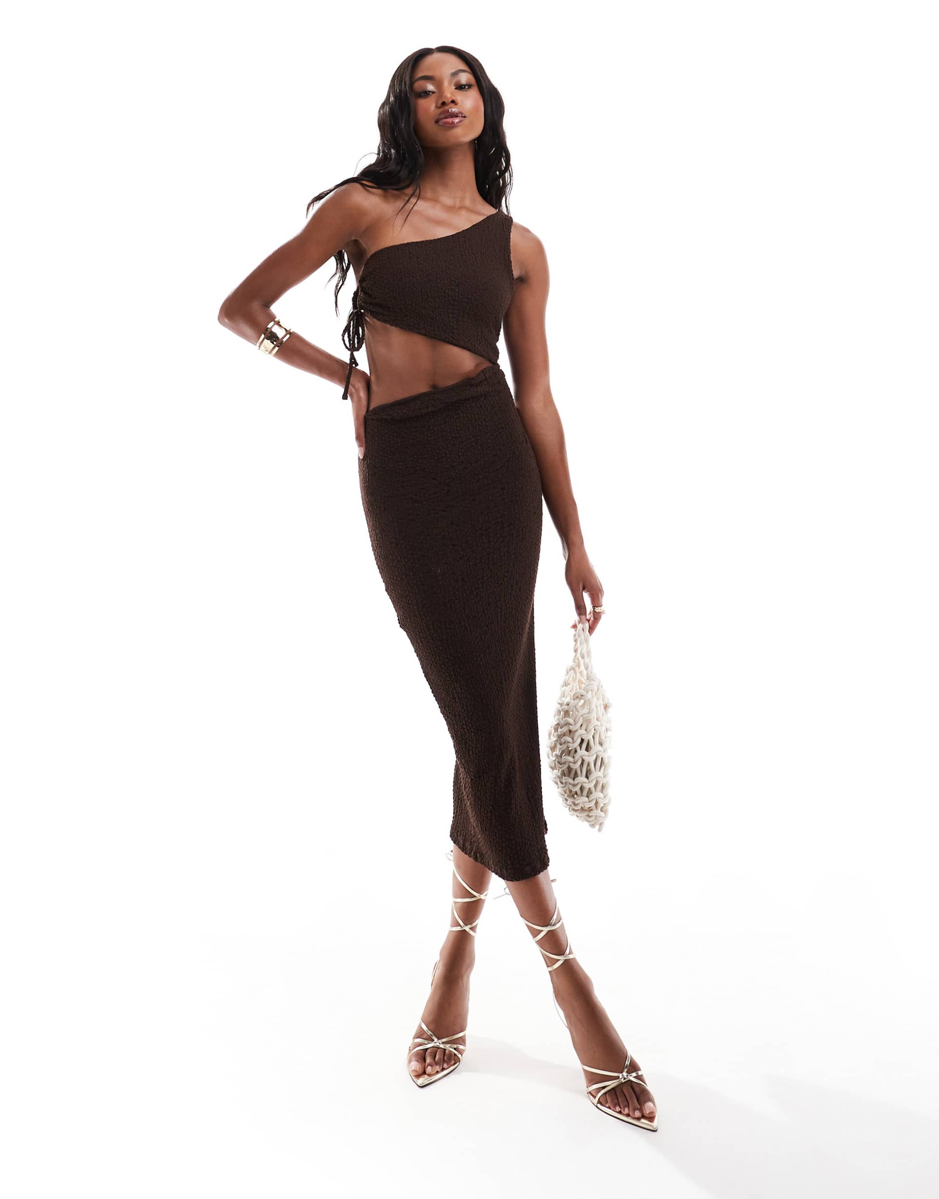 bershka textured one shoulder cut out detail maxi dress in chocolate